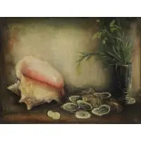 Marc Sterling, Still Life with Conch Shell, Oysters and Flowers, Oil on Board