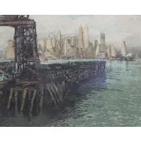 Luigi Kasimir, View of Manhattan, Pencil Signed and Hand Colored Lithograph