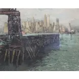 Luigi Kasimir, View of Manhattan, Pencil Signed and Hand Colored Lithograph