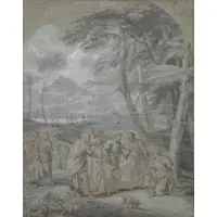 Antonio Gionima, Gesu E L'Adultera, Pen & Ink with Watercolor on Blue Paper
