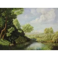 Edmond Yarz, Lake Landscape with Fisherman, Oil on Canvas