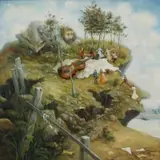 V. Oil on Canvas Ryklin, Surrealist Landscape with Figures and Instruments