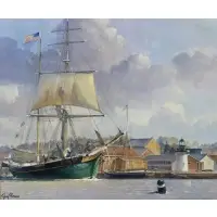 Guy Peron, American Ship at Harbor, Oil on Board