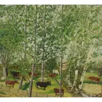 Nina Davis, Cows Grazing, Oil on Canvas
