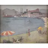 Antoinette Schulte, Cannes Beach, 1934, Oil on Board