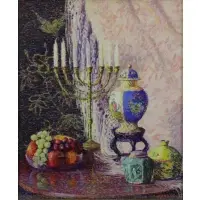 Lillian Meeser, Still Life with Menorah, Fruit, Jars, and Bird, Oil on Canvas