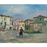 Jakub Zucker, Village Street Scene with Mother and Child, Oil on Canvas