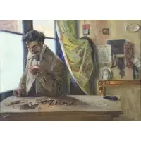 Leo De Servi, Woodcarver in the Shop, Oil on Canvas