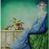 Philippe Augé, Seated Woman in Blue with Fruit, Oil on Canvas