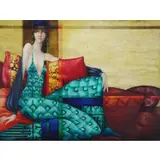Philippe Augé, Seated Woman on Red Couch, Oil on Canvas