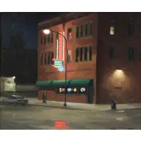 Steven Levin, Bunker's Music, Oil on Board "Bunker's Music" Minneapolis Street Scene