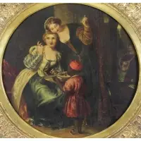 Frederick Cowie, Two Women with Servant, Oil on Board