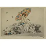 Woman with Parasol by Louis Icart, Watercolor & Charcoal on Paper, sold Jun 2017