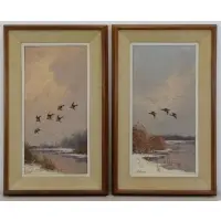 George Stevens, Ducks Over a Winter Pond, Two Oils on Canvas