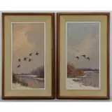 George Stevens, Ducks Over a Winter Pond, Two Oils on Canvas