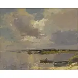 Rubery Bennet, Rowboats Near the Shore, Oil on Board