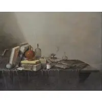 Gerret Willemsz Heda, Estate of Mr. A Cohen 9610, Oil on Panel Still Life with Book and Vessels on a Draped Table
