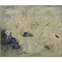 Lev Meshberg, Church with Birds in Landscape, 1975, Oil on Canvas