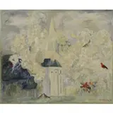 Lev Meshberg, Church with Birds in Landscape, 1975, Oil on Canvas