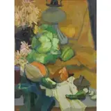 Selma Goldwitz, Still Life with Fruit, Vegetables and Flowers, Oil on Board