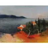 Pierre Bisiaux, Houses on a Lake, Oil on Canvas