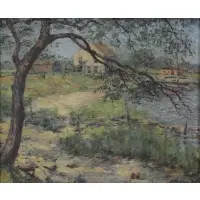 Julian Joseph, Lakeside Cottages 1921, Oil on Canvas