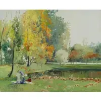 Silva Lino, Impressionist-Style Park with Figures, Oil on Board