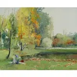Silva Lino, Impressionist-Style Park with Figures, Oil on Board