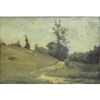Willard Metcalf, Grazing Sheep in Landscape, Oil on Canvas
