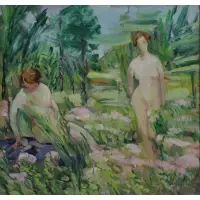 Flora Lauter, Nudes in a Garden, Oil on Board