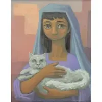 Luis Vezcali, Nina Con Gato, 1961, Oil on Canvas "Nina Con Gato" 1961