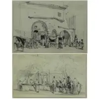Théodore Frère, Souk in Algier, Two Pencil Drawings