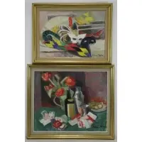 Hélène Marre, Still Life with Cards and Bottle, Two Oil on Canvas Still Lifes