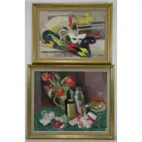 Hélène Marre, Still Life with Cards and Bottle, Two Oil on Canvas Still Lifes