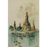 Dong Kingman, Waterfront Temple, Bangkok, Watercolor "Waterfront Temple, Bangkok"