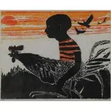 Walter Williams, Fighting Cocks #3, Color Woodcut "Fighting Cocks #3"