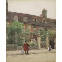 Rose Barton, London Street Scene with Children, Watercolor