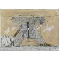 Yigal Tumarkin, Jerusalem Landscape with Figures, Mixed Media Collage