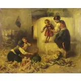 Géza Peske, Mother with Children Playing, Oil on Canvas