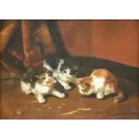 Bernard Neuville, Three Kittens, Oil on Board