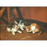 Bernard Neuville, Three Kittens, Oil on Board