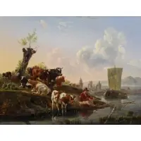 Leendert Koningh, Cattle Herd at Riverbank, Oil on Panel