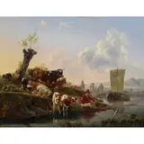 Leendert Koningh, Cattle Herd at Riverbank, Oil on Panel
