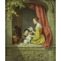 Charles Brias, Woman with Boy and Dog in Window, Oil on Panel