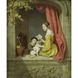 Charles Brias, Woman with Boy and Dog in Window, Oil on Panel