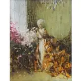 Francesco Longo Mancini, Woman with Flowers in Interior, Oil on Canvas