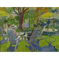 Enzo Russo, Tea in the Garden, Impressionist Style Oil on Board