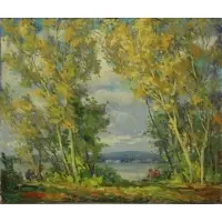 William A Drake, Hudson River Landscape with Figures, Oil on Canvas