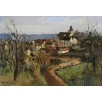Albert Lauzero, Village Landscape, Oil on Canvas