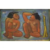 Ángel Botello, Two Nudes and a Dog, Oil on Masonite
